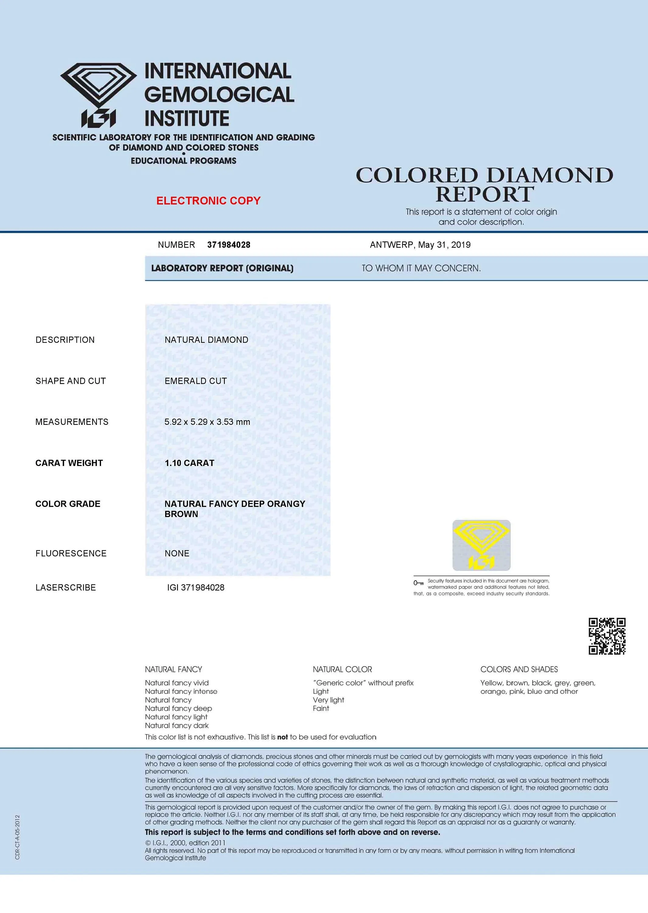 1.10 Ct IGI CERTIFIED Natural Loose Emerald Shape Diamond Deep Orange Brown Color Emerald Diamond 5.90 MM Natural Emerald Cut Di