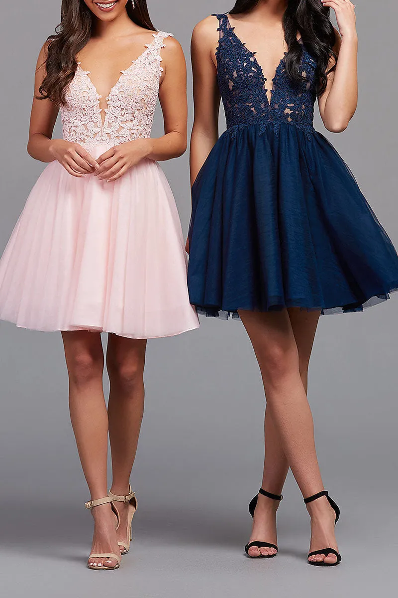 A Line Illusion V Neck Appliques Cute Homecoming Dress Short Graduation Dress QH2413