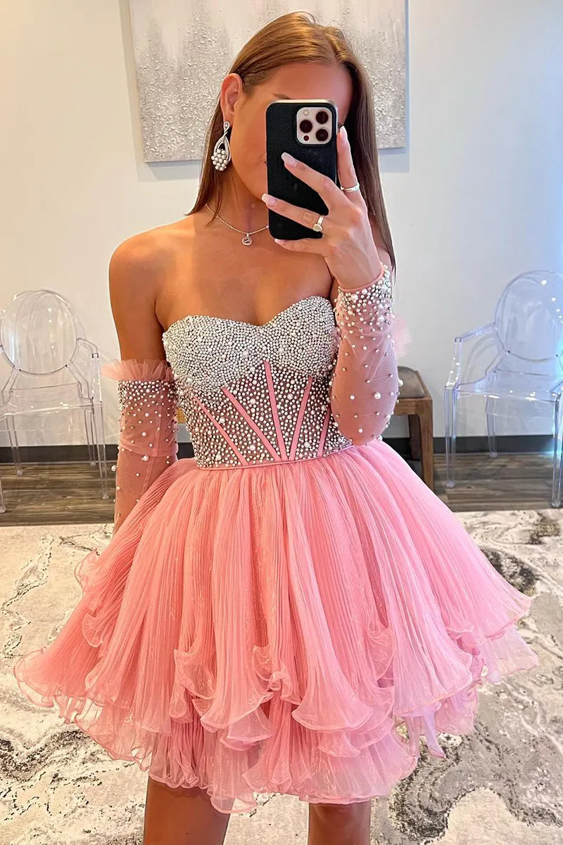 A Line Sweetheart Beads Pink Long Sleeves Cute Homecoming Dress QH2502