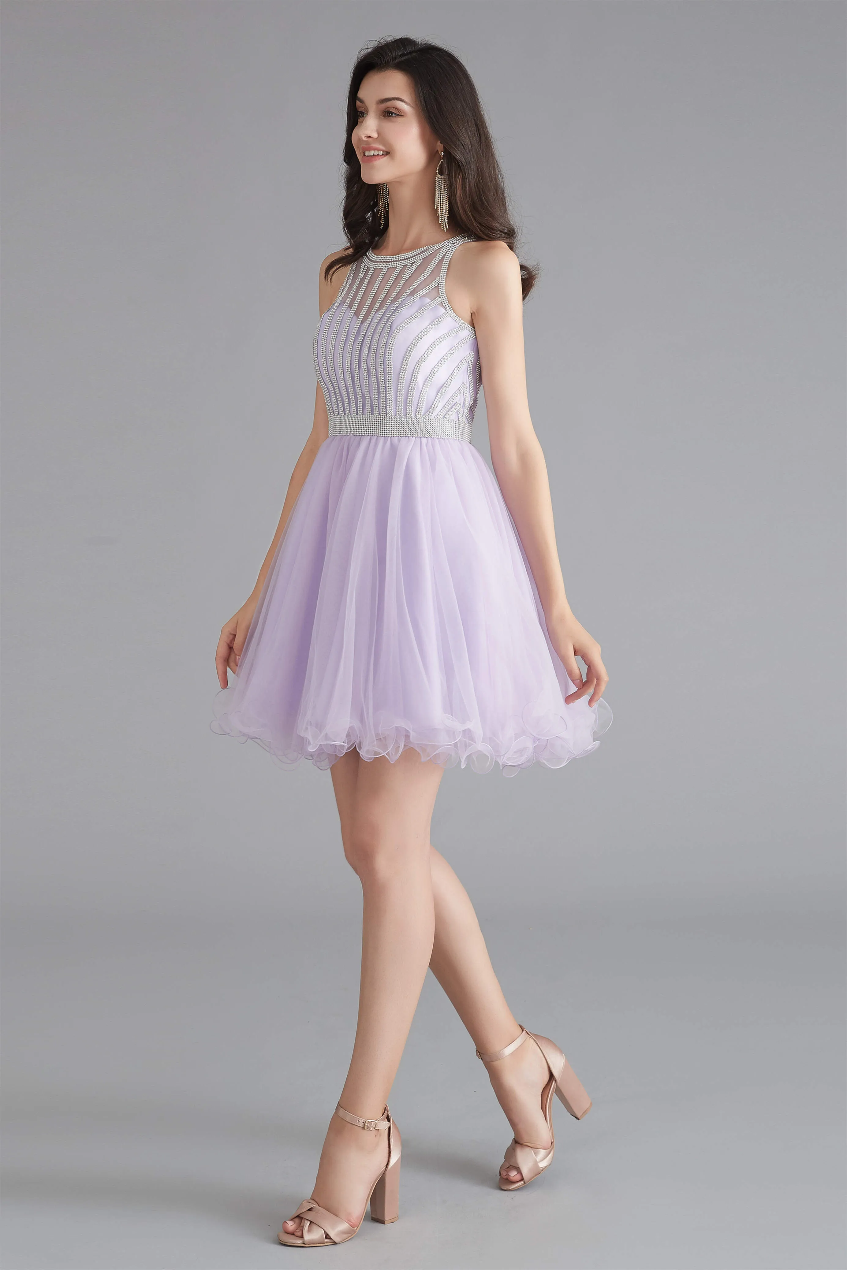 A-Line Tulle Sleeveless Beading Homecoming Dresses