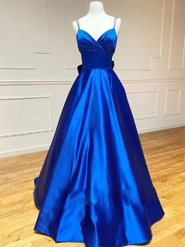 A-line V-neck Royal Blue Prom Dress Evening Dress with Bowknot, OL620