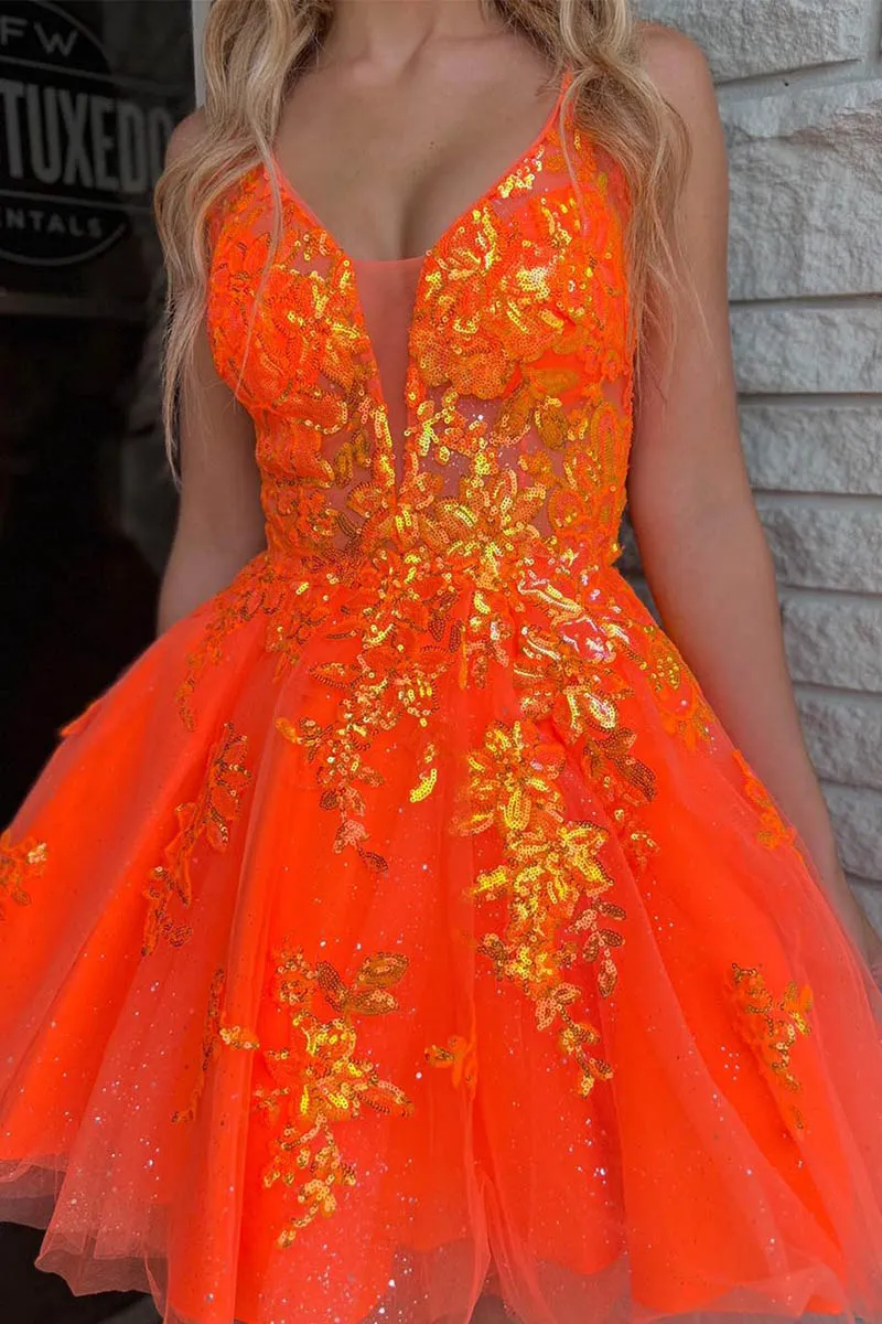 A Line V neck Sequins Appliques Orange Homecoming Dress Short Graduation Dress QH2455