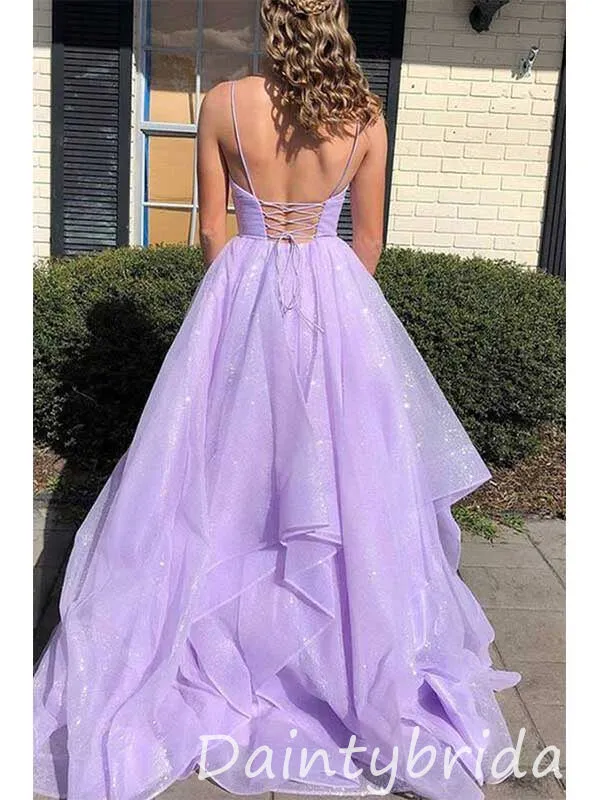 Beautiful Spaghetti Straps V-neck A-line Tulle Long Prom Dresses Evening Dress , OL893