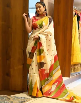 Beige Printed Cotton Saree