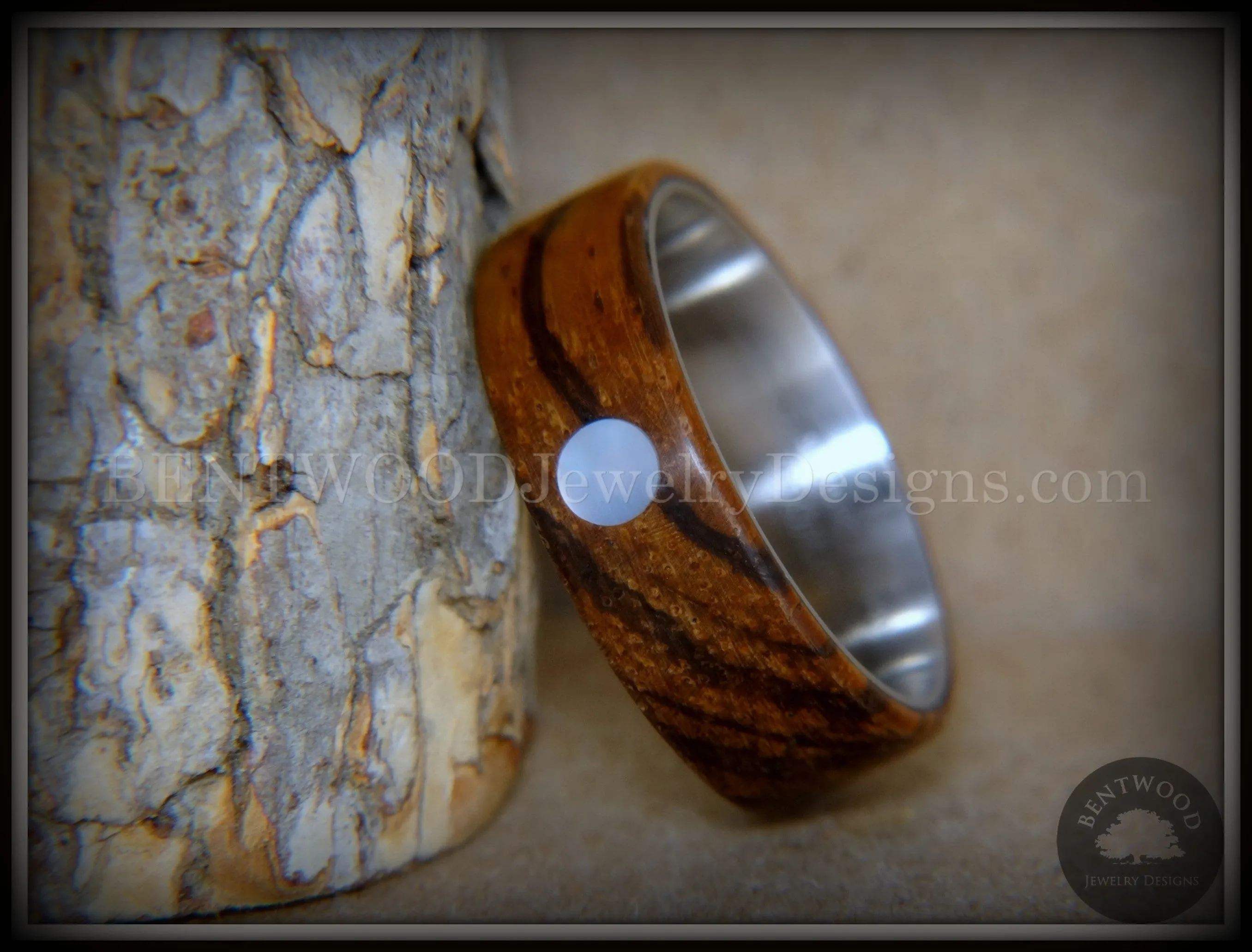 Bentwood Ring - Sea Pearl Zebrawood with Mother of Pearl Shell Inlay on Comfort Fit Surgical Steel Core