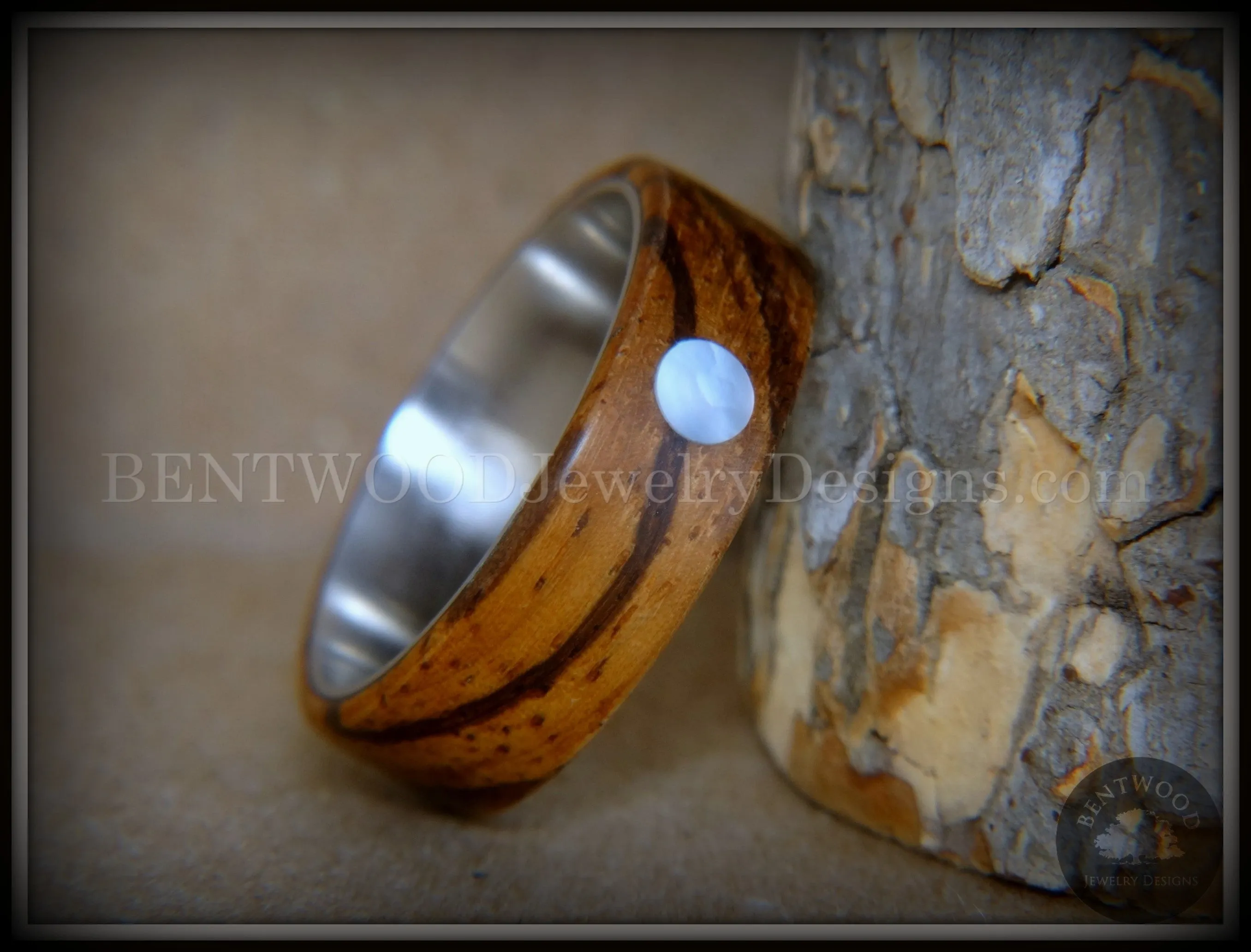 Bentwood Ring - Sea Pearl Zebrawood with Mother of Pearl Shell Inlay on Comfort Fit Surgical Steel Core