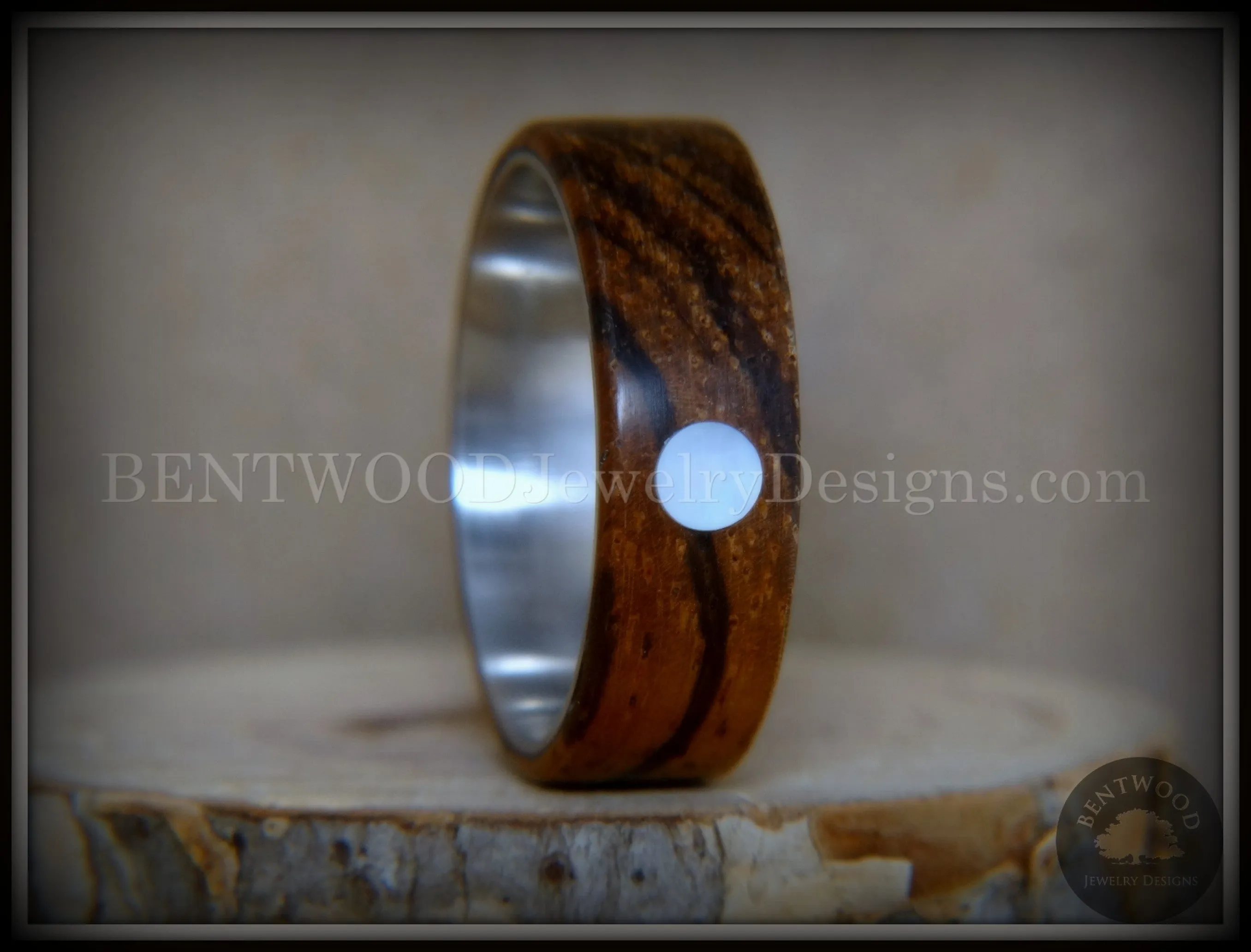 Bentwood Ring - Sea Pearl Zebrawood with Mother of Pearl Shell Inlay on Comfort Fit Surgical Steel Core