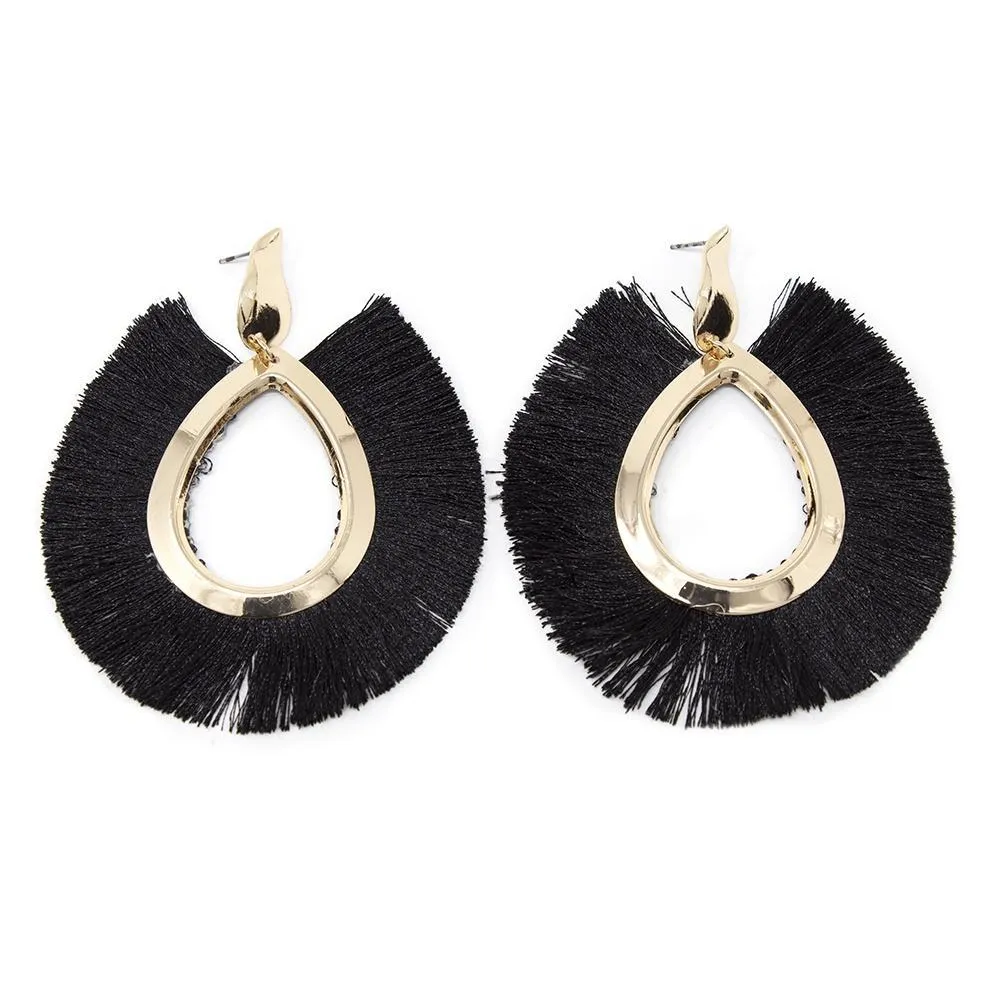 Black Teardrop Tassel Earrings Gold Tone