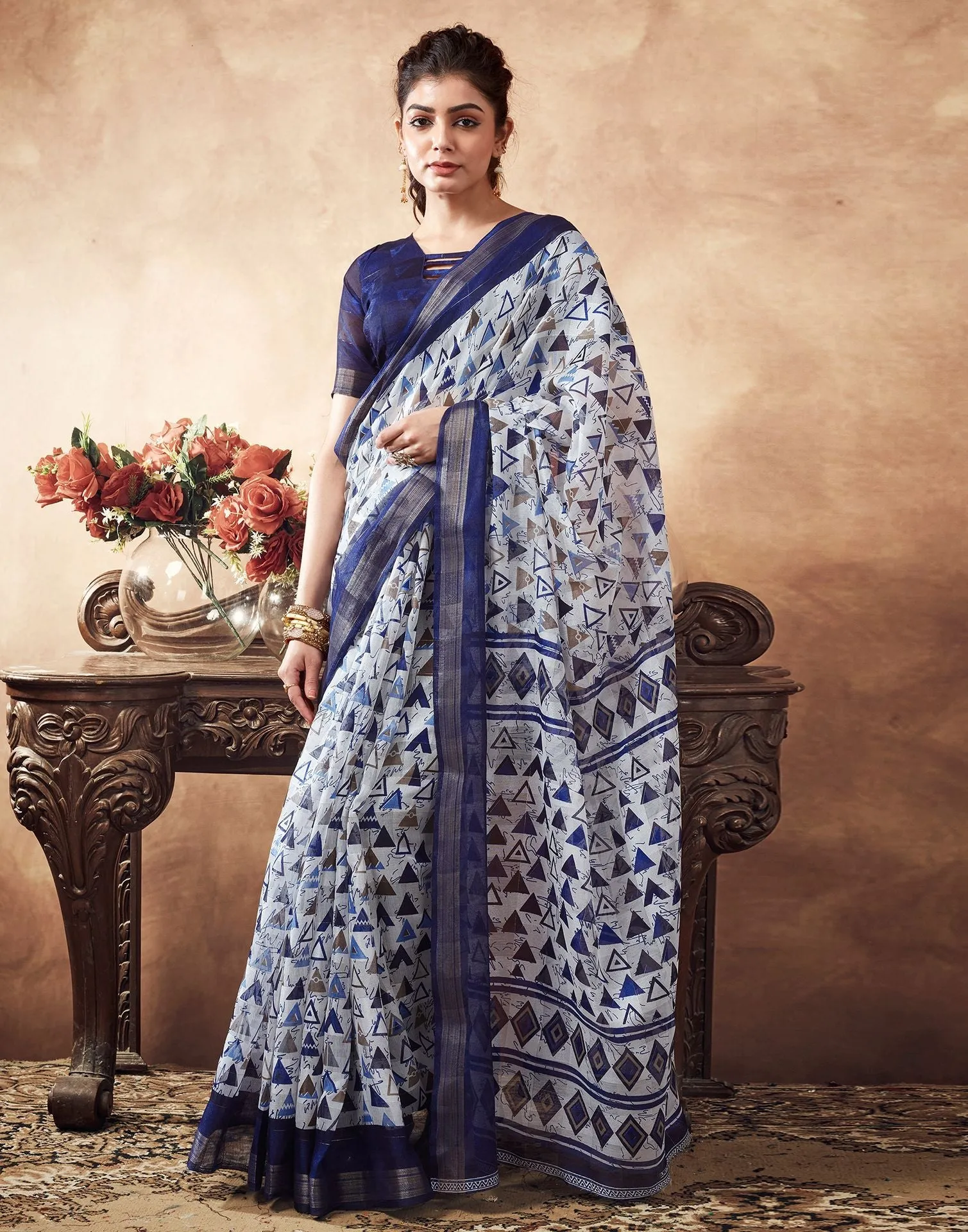 Blue Printed Cotton Saree