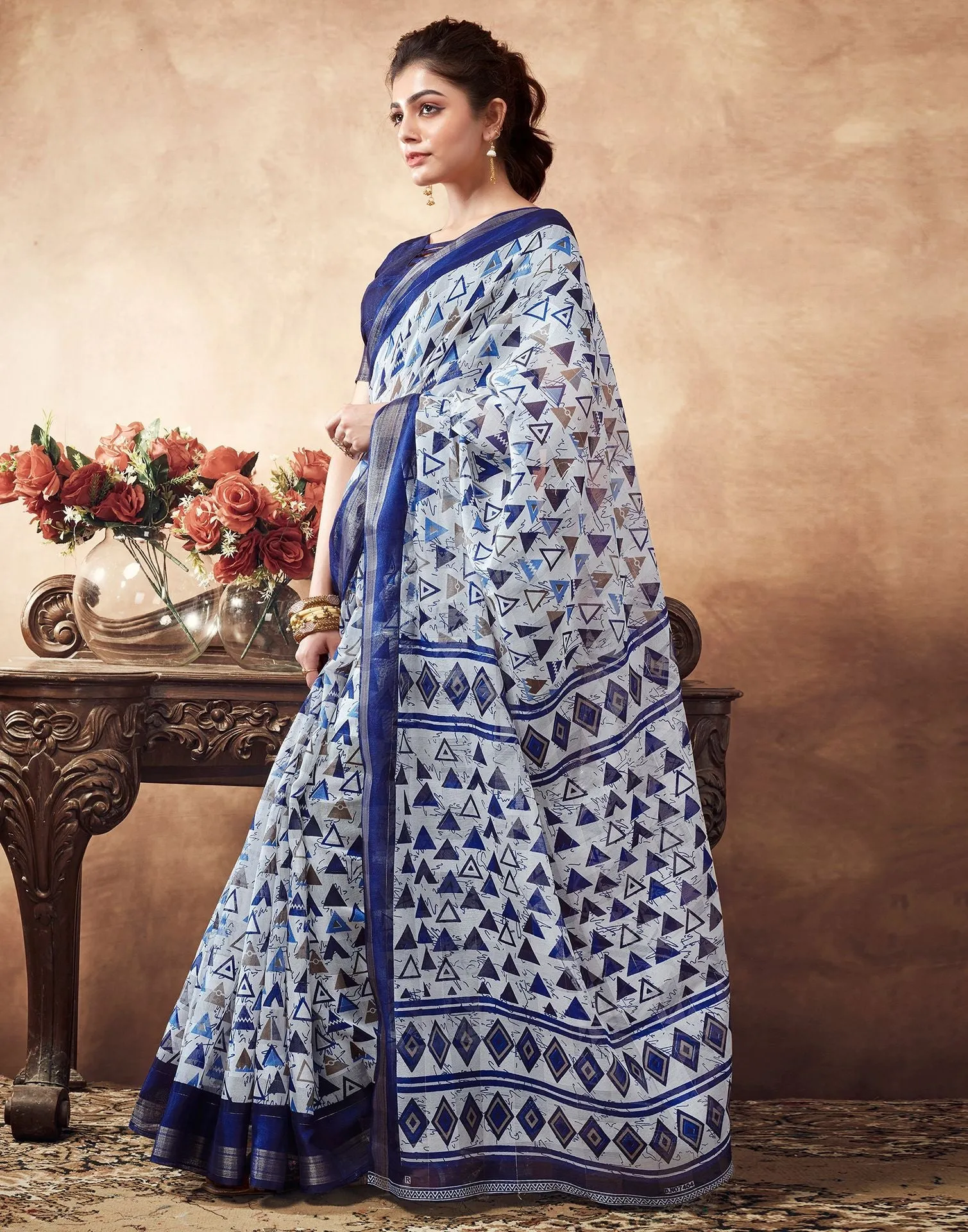 Blue Printed Cotton Saree