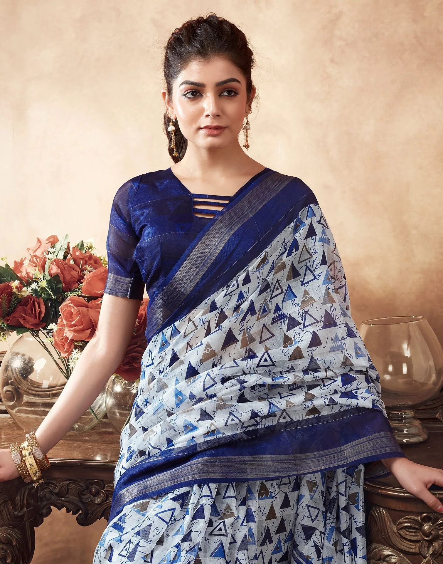 Blue Printed Cotton Saree