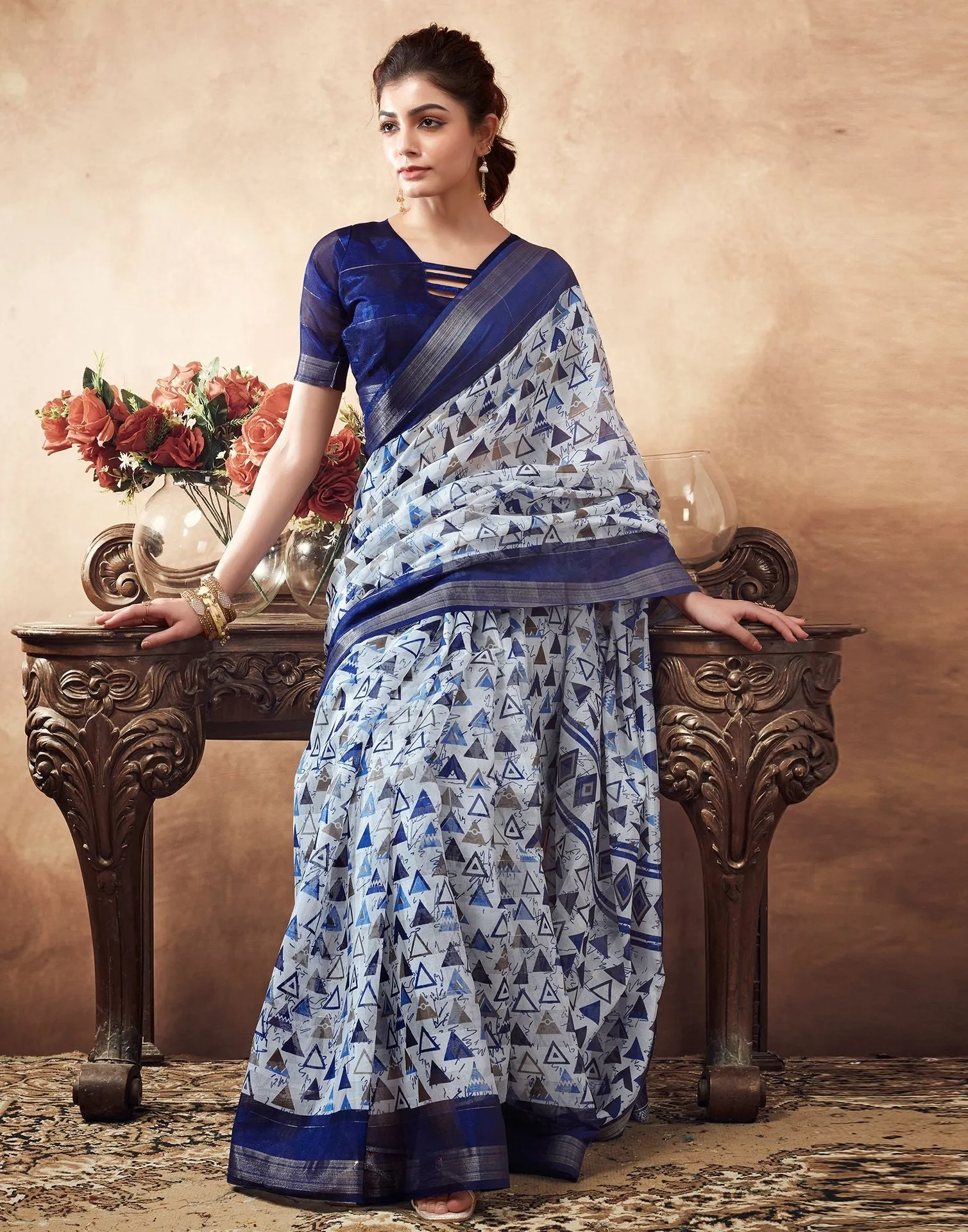 Blue Printed Cotton Saree