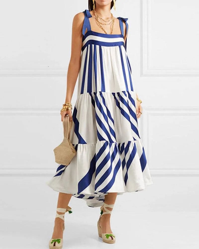 Blue Stripe Bow Strap Loose Dress