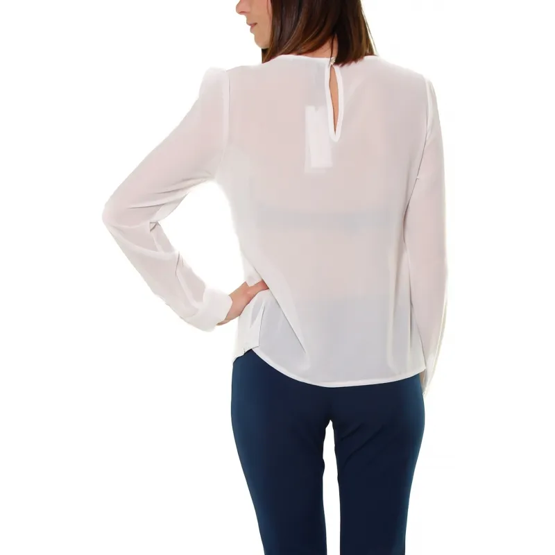 BLUSA DI CHIFFON CON ROSONE, BIANCO