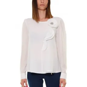 BLUSA DI CHIFFON CON ROSONE, BIANCO