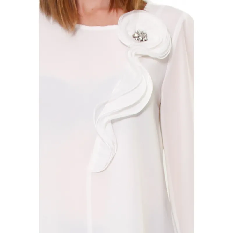 BLUSA DI CHIFFON CON ROSONE, BIANCO