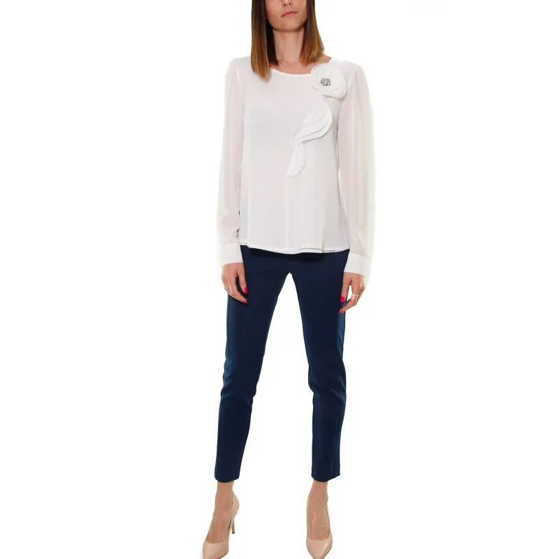 BLUSA DI CHIFFON CON ROSONE, BIANCO