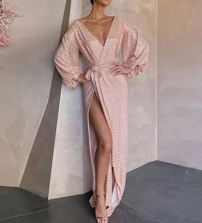 Blush Pink Lantern Sleeve Tie Waist Long Dress