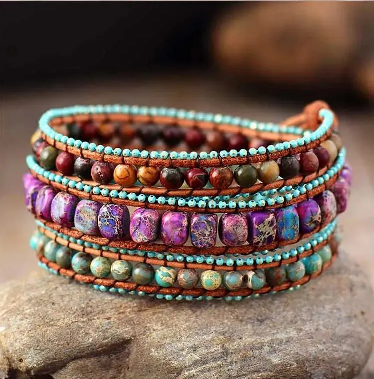 Bohemian 3 Strands Wrap Bracelet -  Jasper Mix Beaded Wrap Leather Bracelet