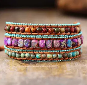 Bohemian 3 Strands Wrap Bracelet -  Jasper Mix Beaded Wrap Leather Bracelet