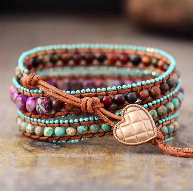 Bohemian 3 Strands Wrap Bracelet -  Jasper Mix Beaded Wrap Leather Bracelet