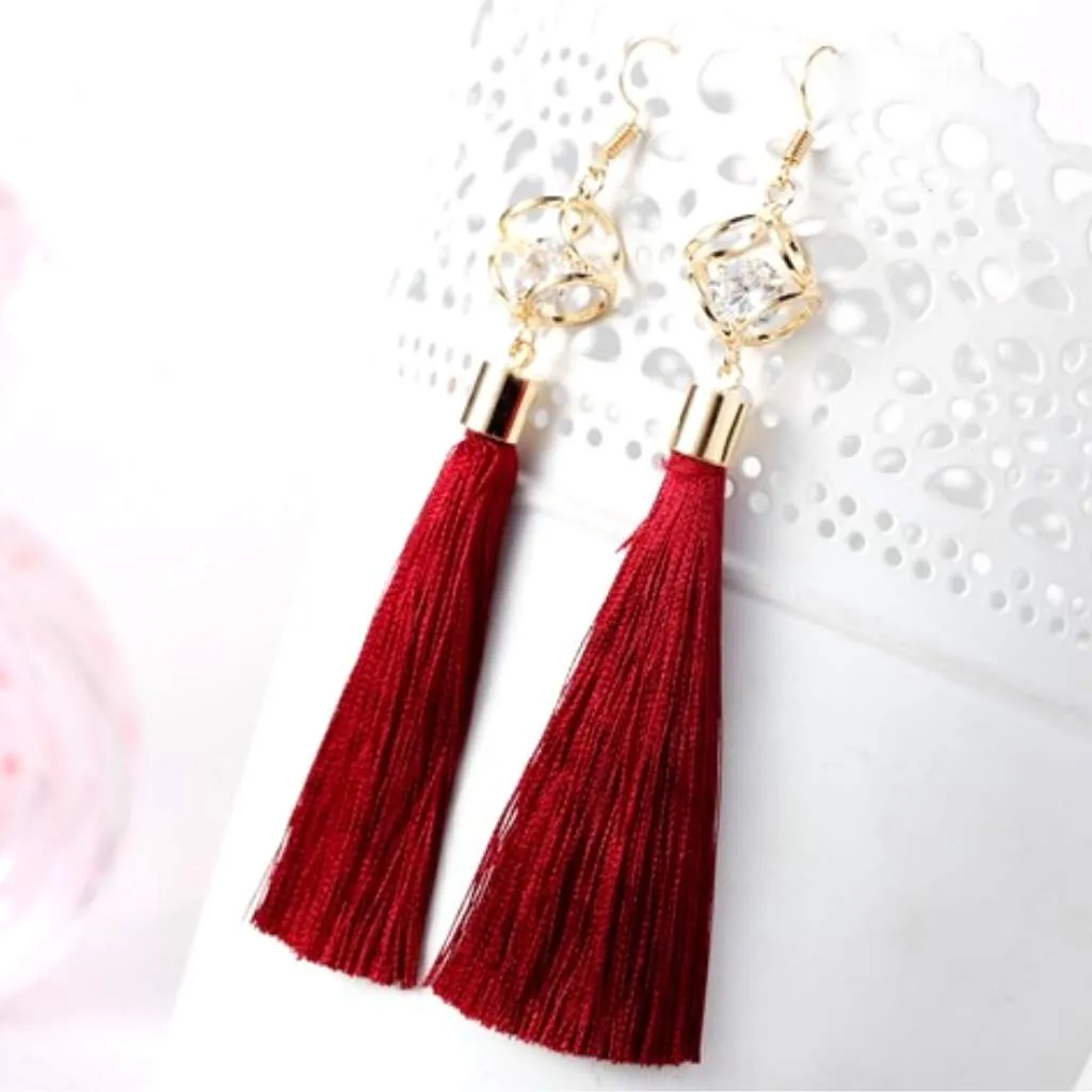 Burgundy Tassel Earrings with Gold Square and Crystal