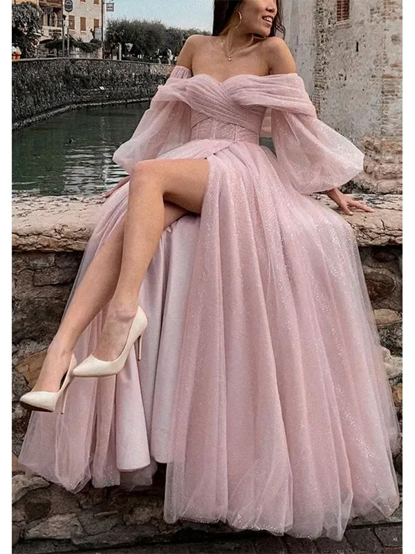 Charming Off the Shoulder Long Sleeves A-line Tulle Long Prom Dresses Formal Dress with Side Slit, OL808