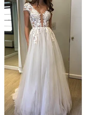 Copy of Cap Sleeve Deep V-neck Prom Dress With Appliques Sexy Split Wedding Dresses, OL651