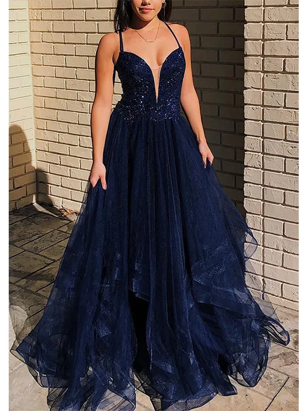 Dark Navy Deep V-neck Tulle Long Prom Dress Evening Dress, OL702