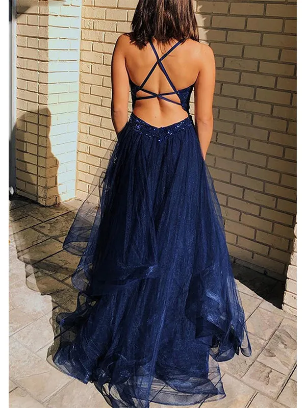 Dark Navy Deep V-neck Tulle Long Prom Dress Evening Dress, OL702