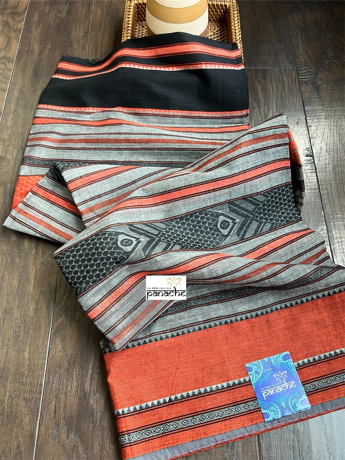 Dhonekhali Cotton Saree - Grey Black Orange