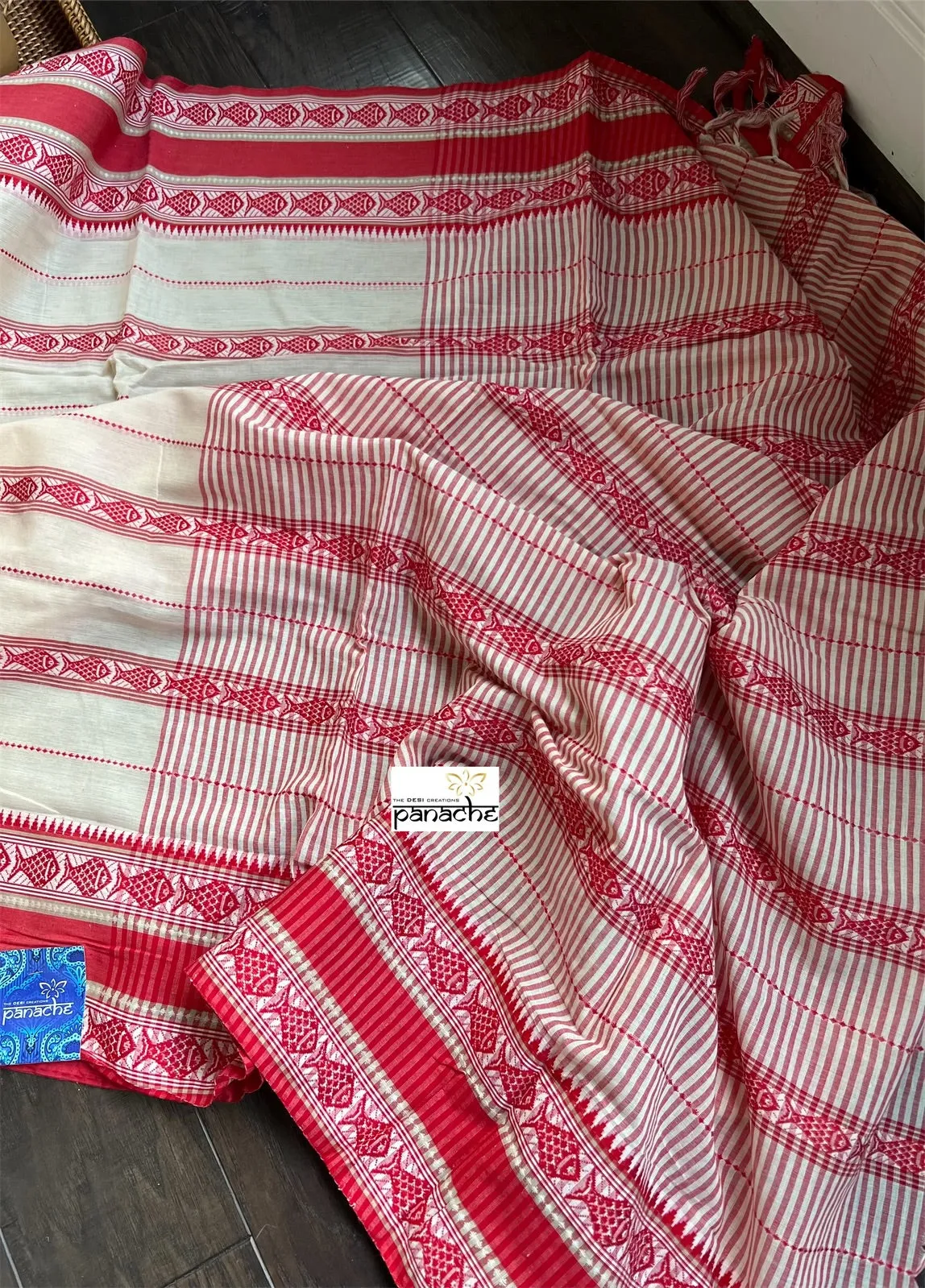 Dhonekhali Cotton Saree - White Red Black