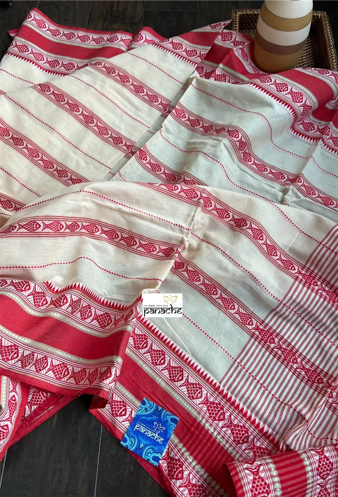 Dhonekhali Cotton Saree - White Red Black