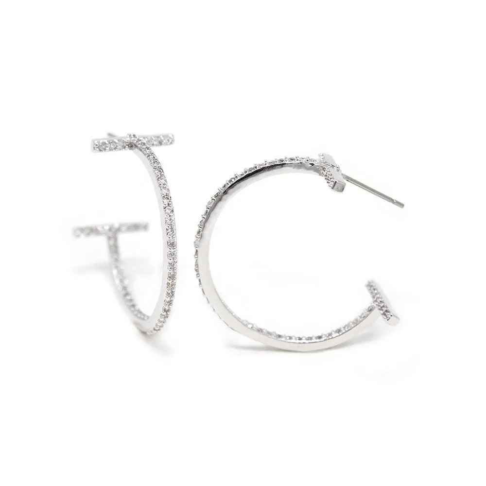 Double Bar Inside Out CZ Hoop Earrings Rhodium Pl