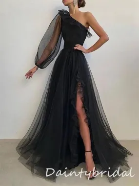 Elegant Black One Shoulder Long Sleeve A-line Long Prom Dresses Evening Dress with Side Slit, OL879