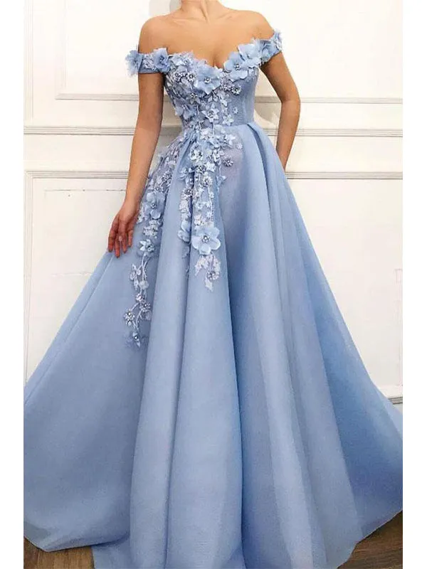 Elegant Blue Off the Shoulder Satin Flower A-line Long Prom Dresses Formal Dress, OL802