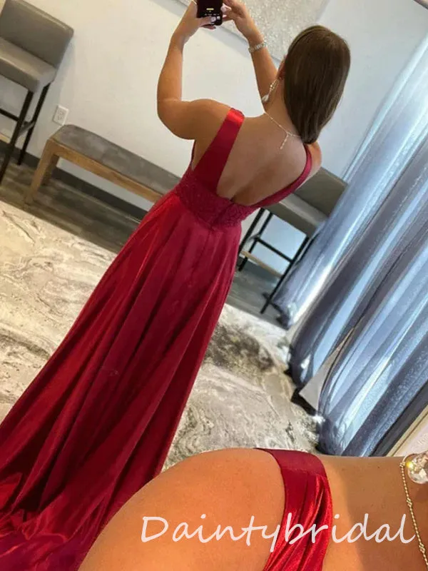 Elegant Burgundy Deep V-neck A-line Satin Long Prom Dresses Evening Dress, OL858