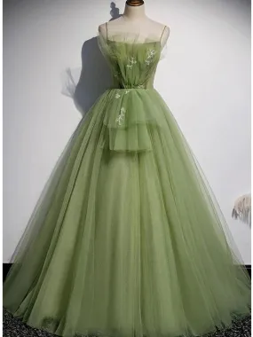 Elegant Green Tulle Spaghetti Straps A-line Long Prom Dresses Formal Dress, OL820