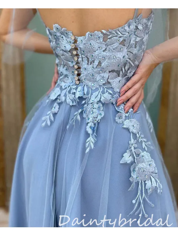 Elegant Grey Blue Tulle Straps Straight Neck A-line Applique Long Prom Dresses Evening Dress, OL882