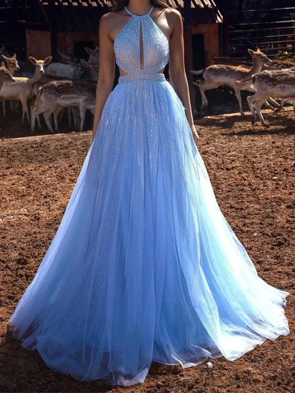 Elegant Halter A-line Sleeveless Tulle Blue Long Prom Dresses Evening Dress, OL831