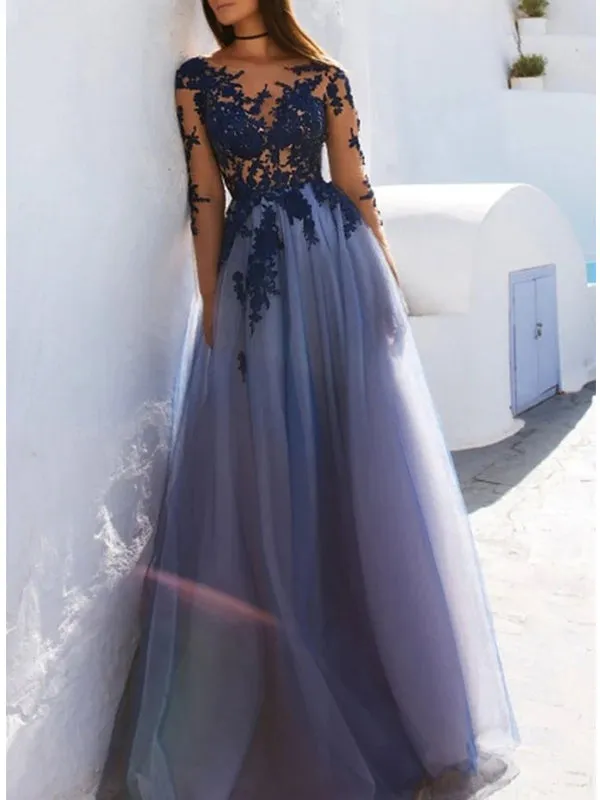 Elegant Illusion Long Sleeves Applique Backless Tulle Long Prom Dresses Evening Dress, OL943