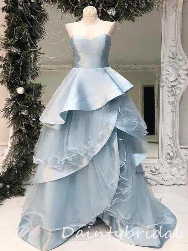 Elegant Light Blue Satin Tulle Sweetheart A-line Long Prom Dresses Evening Dress, OL883