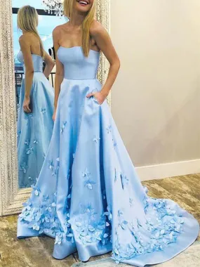 Elegant Light Blue Straight Neck A-line Satin Applique Long Prom Dresses Formal Dress, OL805