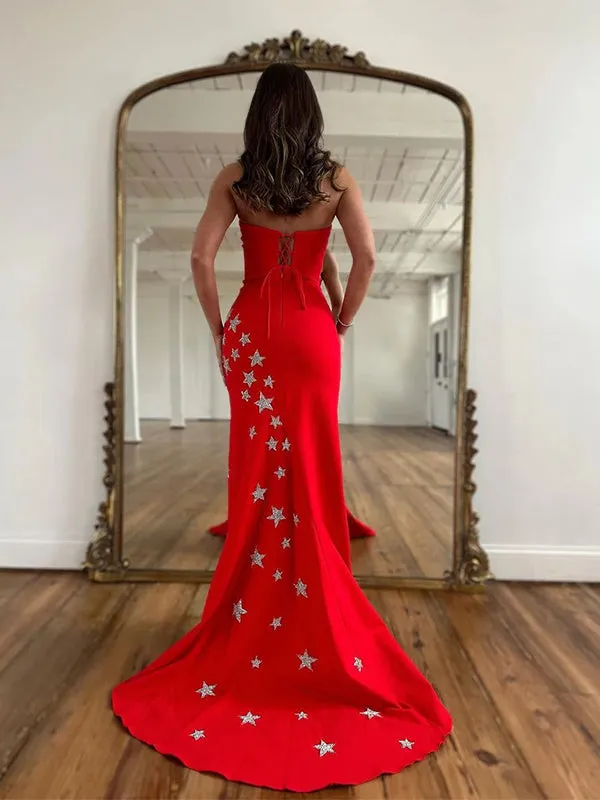 Elegant Red Star Sheath Long Prom Dresses Formal Dress with Side Slit, OL812