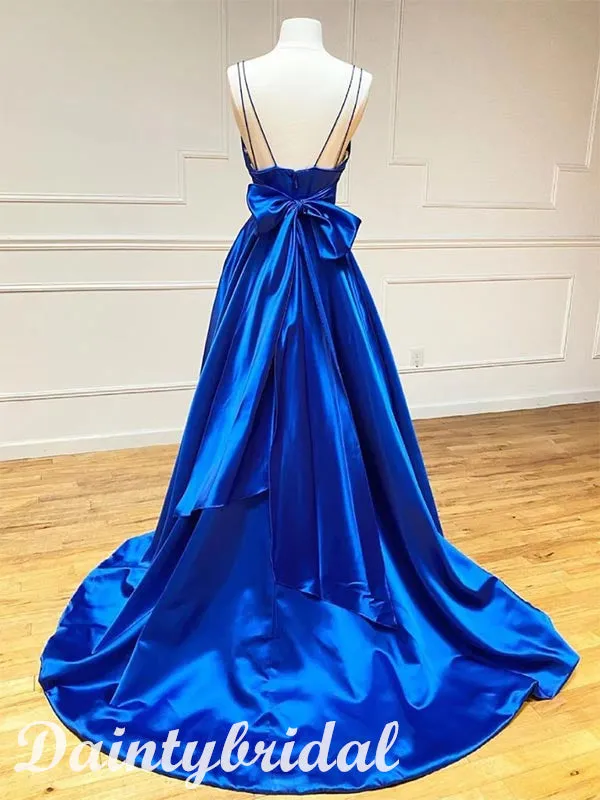 Elegant Royal Blue Spaghetti Straps Sleeveless V-neck A-line Satin Prom Dresses Evening Dress with Bowknot, OL905