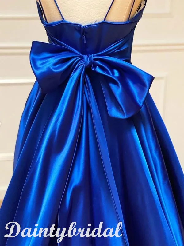 Elegant Royal Blue Spaghetti Straps Sleeveless V-neck A-line Satin Prom Dresses Evening Dress with Bowknot, OL905