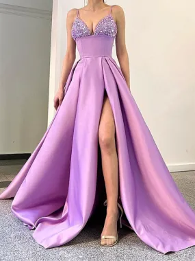 Elegant Spaghetti Straps V-neck Side Slit A-line Prom Dress Evening Dress, OL755