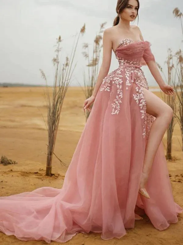 Elegant Sweetheart Pink Off the Shoulder Tulle A-line Long Prom Dresses Evening Dress, OL830