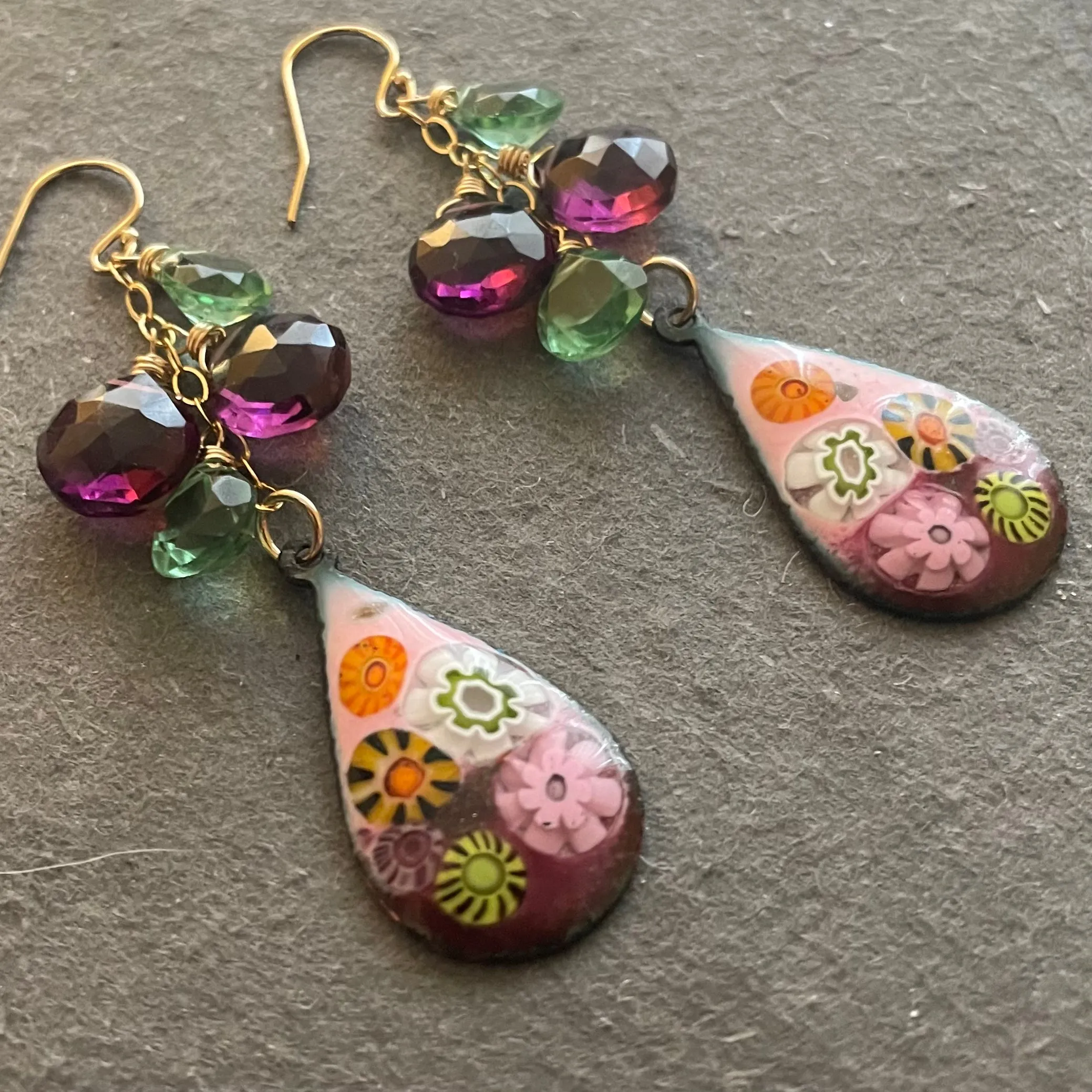 Enamel Millefiori Dangles, OOAK, Plum