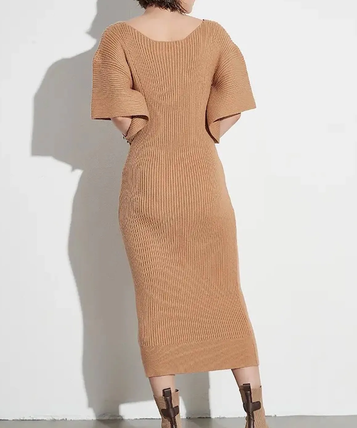 Frill Open Sleeve Midi Knit Dress